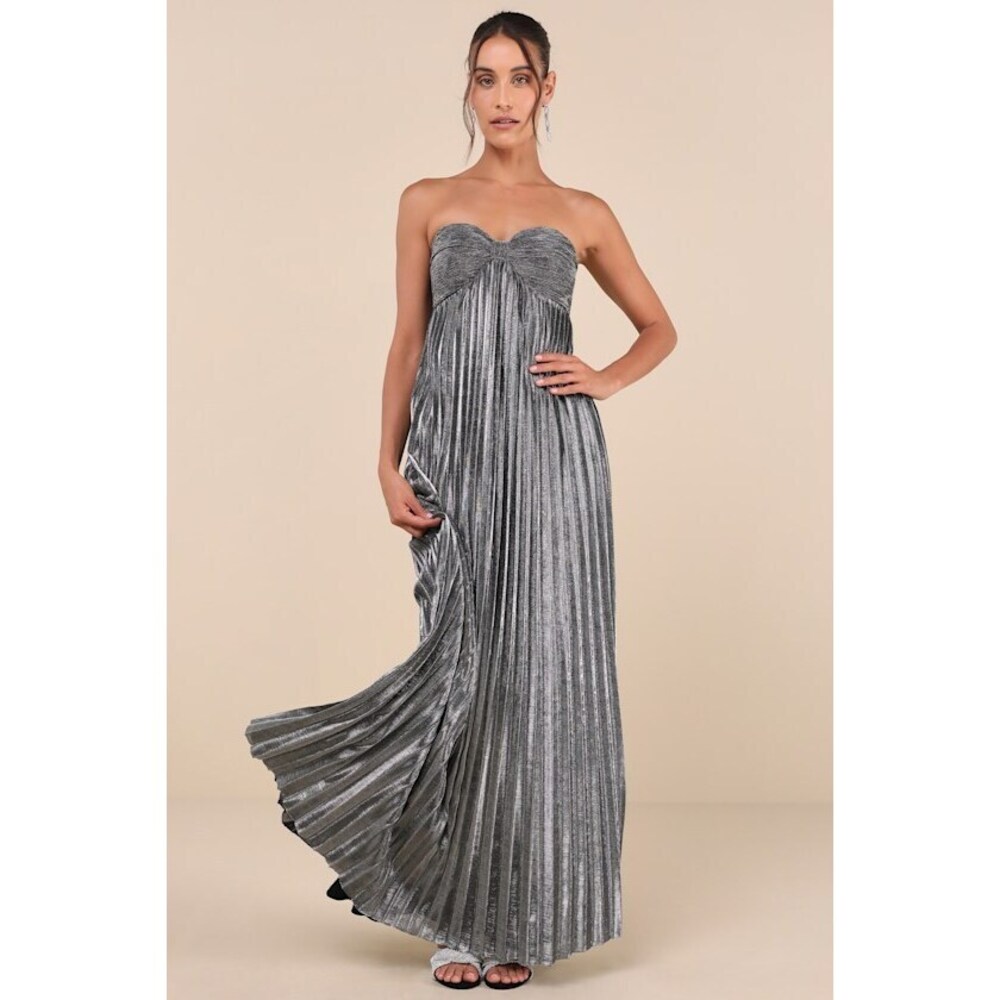 Lulus Glittering Luxury Silver Lurex Pleated Strapless Maxi Dress - Size L